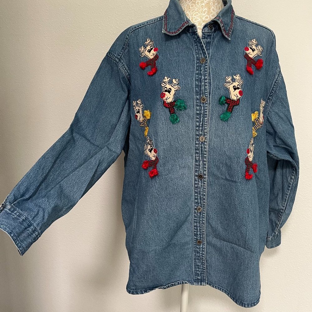 Vintage Christmas Reindeer Denim Button Down Top